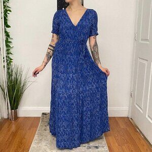 BA&SH Floral Wrap Short Sleeve Crepe Maxi Dress Tie-Waist Size S Blue